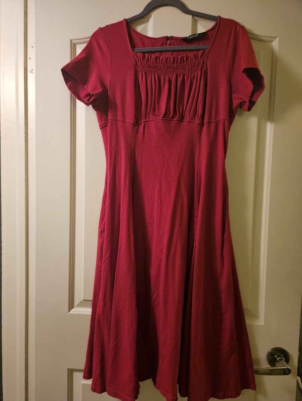 eshakti Deep Red Smocked Neckline Dress
